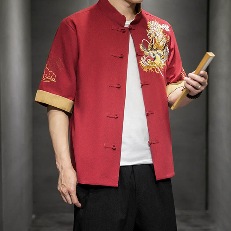 Buddha-Steine, Frosch-Knopf, chinesischer Drache, glückverheißende Wolkenstickerei, Halbarm-Hemd aus Baumwolle und Leinen für Herren - image 15