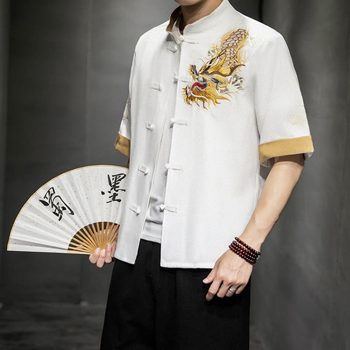 Buddha-Steine, Frosch-Knopf, chinesischer Drache, glückverheißende Wolkenstickerei, Halbarm-Hemd aus Baumwolle und Leinen für Herren - Weiß - US/ UK/AU44, EU54 (5XL)  - image 20