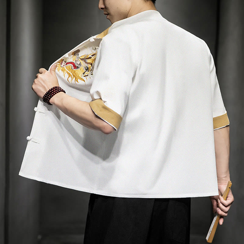 Buddha-Steine, Frosch-Knopf, chinesischer Drache, glückverheißende Wolkenstickerei, Halbarm-Hemd aus Baumwolle und Leinen für Herren - image 22