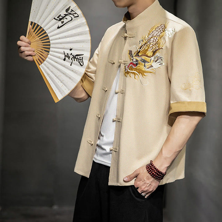 Buddha-Steine, Frosch-Knopf, chinesischer Drache, glückverheißende Wolkenstickerei, Halbarm-Hemd aus Baumwolle und Leinen für Herren - image 29