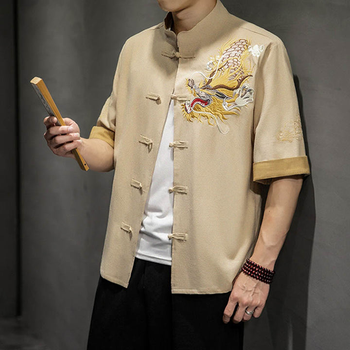 Buddha-Steine, Frosch-Knopf, chinesischer Drache, glückverheißende Wolkenstickerei, Halbarm-Hemd aus Baumwolle und Leinen für Herren - image 32