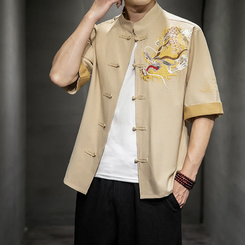 Buddha-Steine, Frosch-Knopf, chinesischer Drache, glückverheißende Wolkenstickerei, Halbarm-Hemd aus Baumwolle und Leinen für Herren - image 31