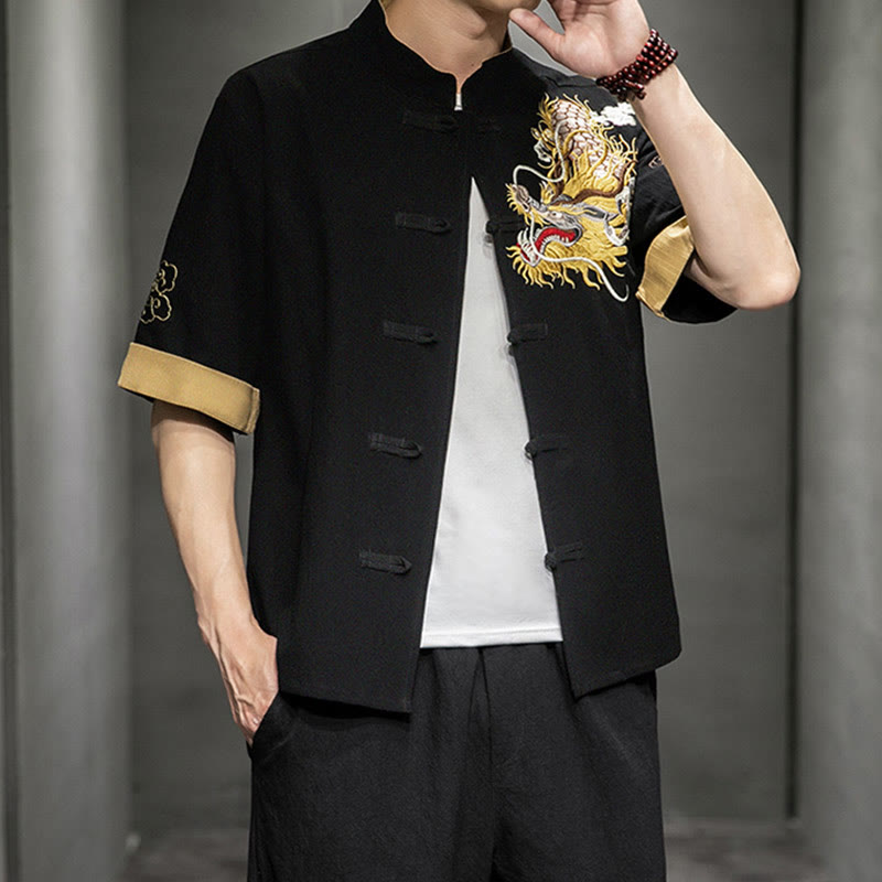 Buddha-Steine, Frosch-Knopf, chinesischer Drache, glückverheißende Wolkenstickerei, Halbarm-Hemd aus Baumwolle und Leinen für Herren - image 3