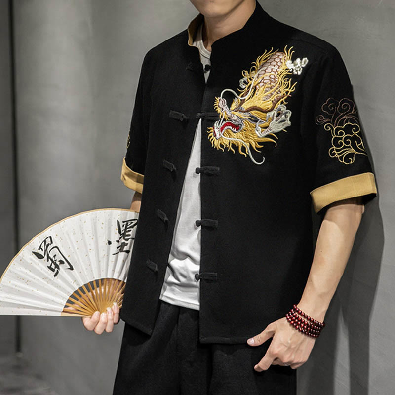Buddha-Steine, Frosch-Knopf, chinesischer Drache, glückverheißende Wolkenstickerei, Halbarm-Hemd aus Baumwolle und Leinen für Herren - Schwarz - US/ UK/AU44, EU54 (5XL)  - image 0
