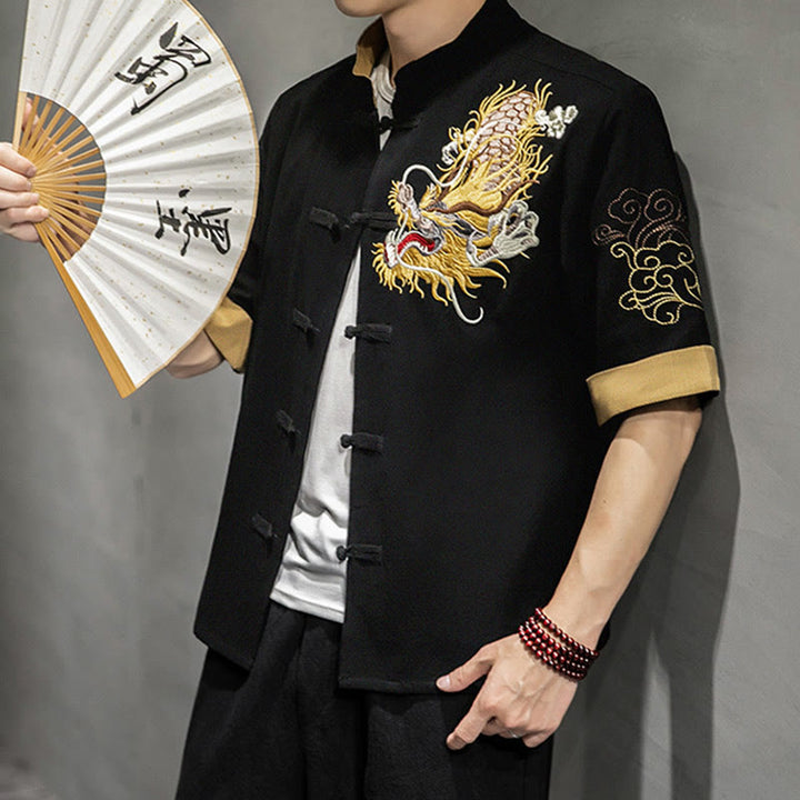 Buddha-Steine, Frosch-Knopf, chinesischer Drache, glückverheißende Wolkenstickerei, Halbarm-Hemd aus Baumwolle und Leinen für Herren - image 1