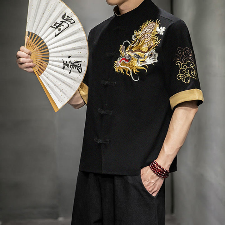 Buddha-Steine, Frosch-Knopf, chinesischer Drache, glückverheißende Wolkenstickerei, Halbarm-Hemd aus Baumwolle und Leinen für Herren - image 4