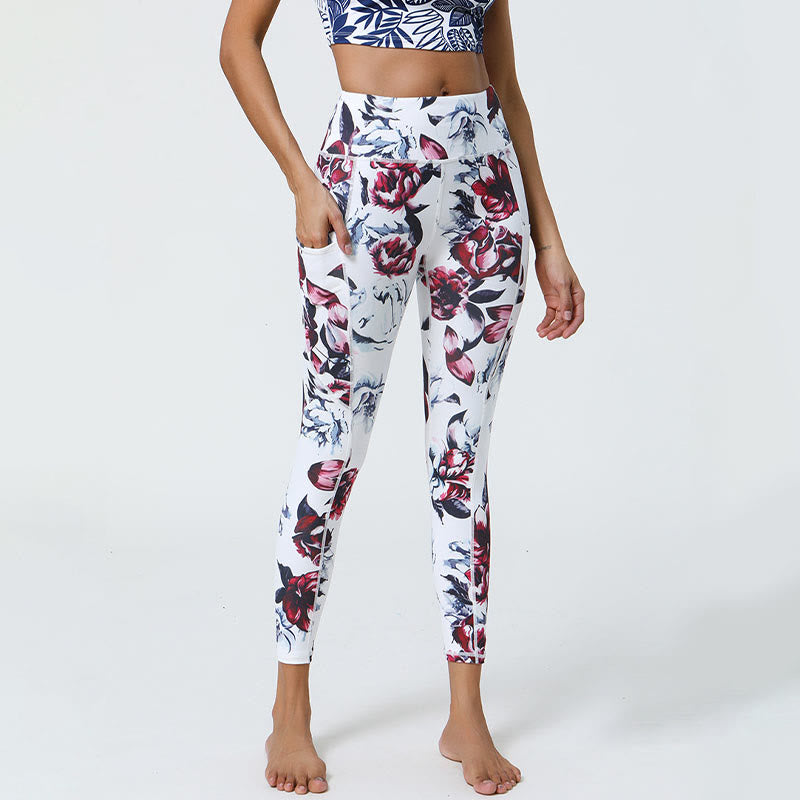 Buddha Stones Rose Lines Tiger Leopard Print Sport Fitness Hohe Taille Leggings Damen Yogahose mit Taschen - Weiße Rote Rose - US12, UK/AU16, EU44 (XL) - image 0