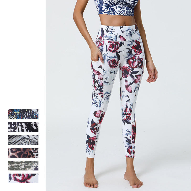 Buddha Stones Rose Lines Tiger Leopard Print Sport Fitness Hohe Taille Leggings Damen Yogahose mit Taschen