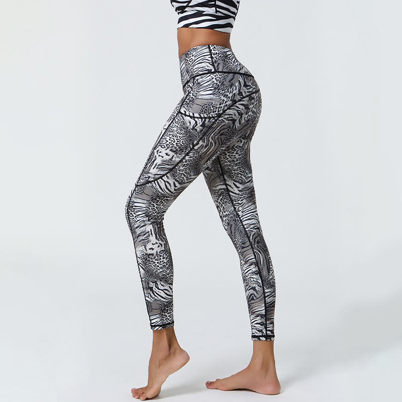 Buddha Stones Rose Lines Tiger Leopard Print Sport Fitness Hohe Taille Leggings Damen Yogahose mit Taschen