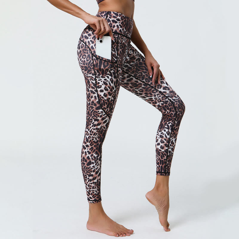 Buddha Stones Rose Lines Tiger Leopard Print Sport Fitness Hohe Taille Leggings Damen Yogahose mit Taschen