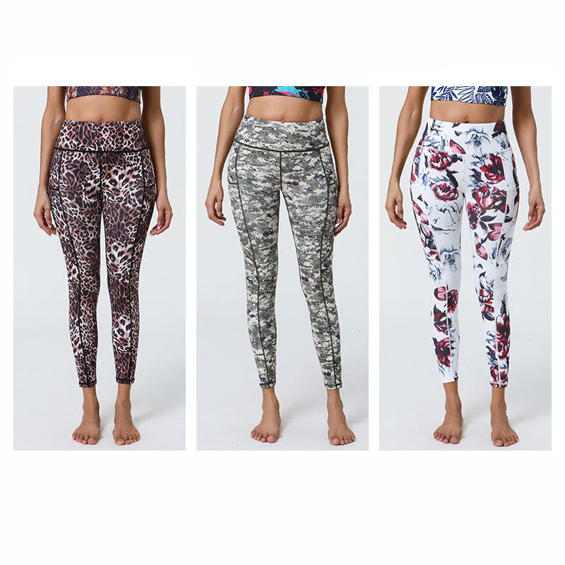 Buddha Stones Rose Lines Tiger Leopard Print Sport Fitness Hohe Taille Leggings Damen Yogahose mit Taschen