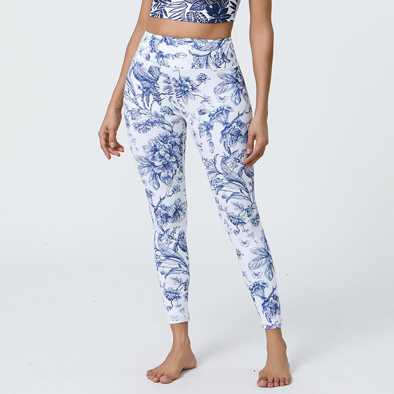 Buddha-Steine, Blumen, Blätter, Pusteblumen, Ananas-Print, Sport-Fitness-Leggings mit hoher Taille, Damen-Yogahose - Hellblaue Blumen - US12， UK/AU16，EU44 (XL) - image 1
