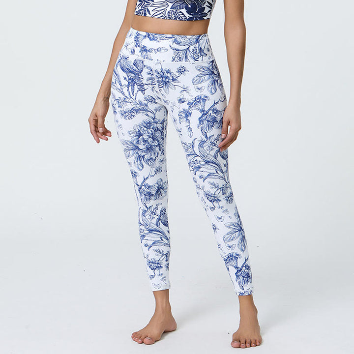 Buddha-Steine, Blumen, Blätter, Pusteblumen, Ananas-Print, Sport-Fitness-Leggings mit hoher Taille, Damen-Yogahose - Hellblaue Blumen - US12， UK/AU16，EU44 (XL) - image 1