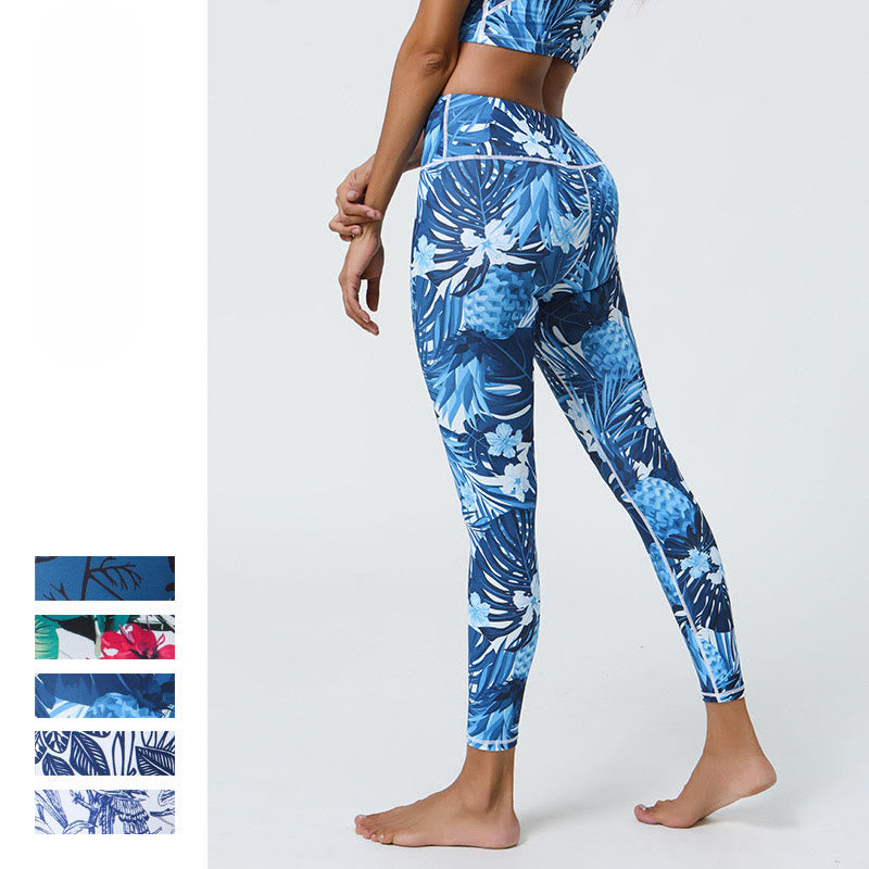 Buddha-Steine, Blumen, Blätter, Pusteblumen, Ananas-Print, Sport-Fitness-Leggings mit hoher Taille, Damen-Yogahose