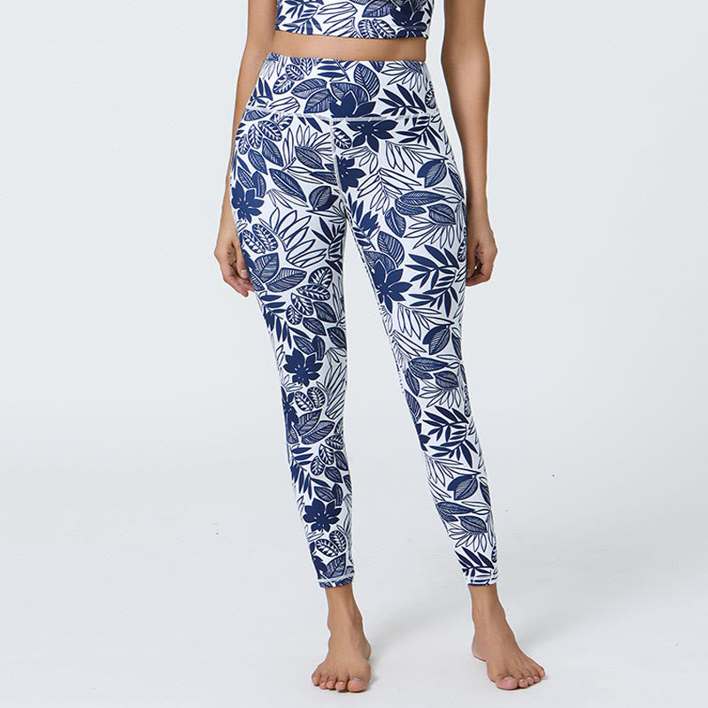 Buddha-Steine, Blumen, Blätter, Pusteblumen, Ananas-Print, Sport-Fitness-Leggings mit hoher Taille, Damen-Yogahose - Weißblaue Blätter - US12, UK/AU16, EU44 (XL) - image 23