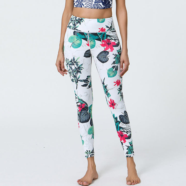 Buddha-Steine, Blumen, Blätter, Pusteblumen, Ananas-Print, Sport-Fitness-Leggings mit hoher Taille, Damen-Yogahose - Weißgrüne Blüten und Blätter - US12, UK/AU16, EU44 (XL) - image 7