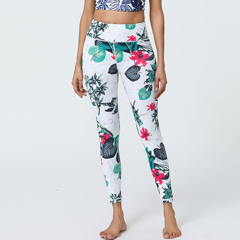 Buddha-Steine, Blumen, Blätter, Pusteblumen, Ananas-Print, Sport-Fitness-Leggings mit hoher Taille, Damen-Yogahose - Weiß Grün Blumen Blätter - US12， UK/AU16，EU44 (XL) - image 7