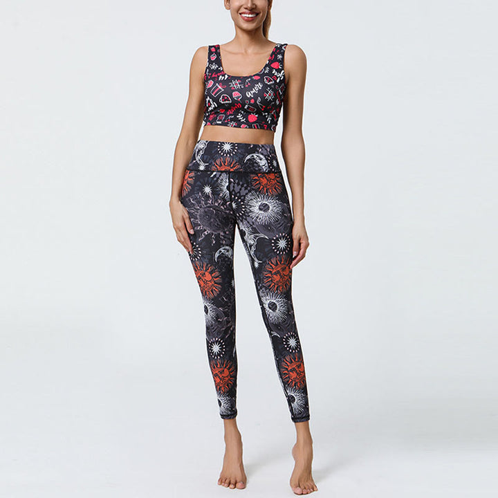 Leggings mit Buddha Stones, Blumen, Federn, Sonne und Mond-Print, Sport-, Fitness- und Yoga-Leggings mit hohem Bund für Damen - image 9