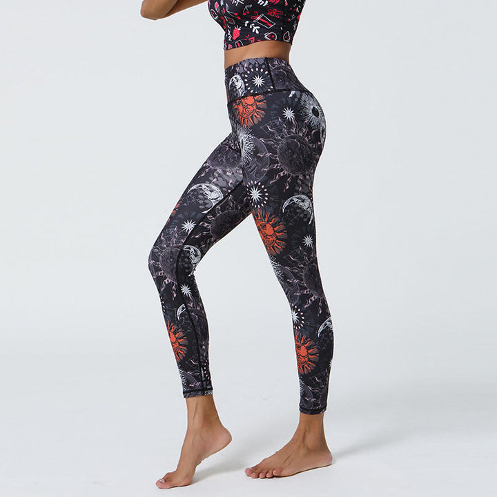 Buddha Steine Blumen Federn Sonne Mond Druck Sport Fitness Yoga Hohe Taille Leggings frauen Hosen