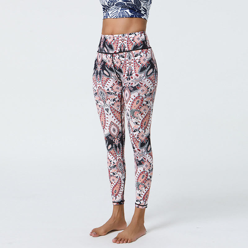 Leggings mit Buddha Stones, Blumen, Federn, Sonne und Mond-Print, Sport-, Fitness- und Yoga-Leggings mit hohem Bund für Damen - Weiß-Hellrosa Muster - US12, UK/AU16, EU44 (XL) - image 22