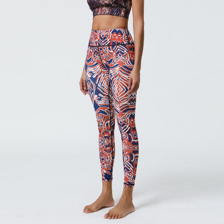 Leggings mit Buddha Stones, Blumen, Federn, Sonne und Mond-Print, Sport-, Fitness- und Yoga-Leggings mit hohem Bund für Damen - Rot-Dunkelblaues Muster - US12, UK/AU16, EU44 (XL) - image 27