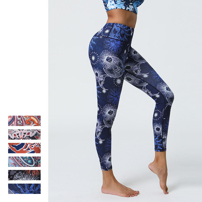 Buddha Steine Blumen Federn Sonne Mond Druck Sport Fitness Yoga Hohe Taille Leggings frauen Hosen