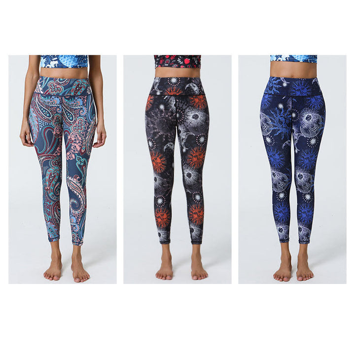 Buddha Steine Blumen Federn Sonne Mond Druck Sport Fitness Yoga Hohe Taille Leggings frauen Hosen