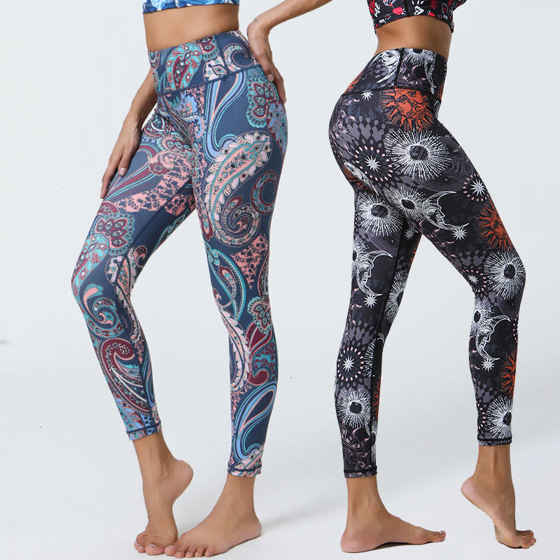 Buddha Steine Blumen Federn Sonne Mond Druck Sport Fitness Yoga Hohe Taille Leggings frauen Hosen