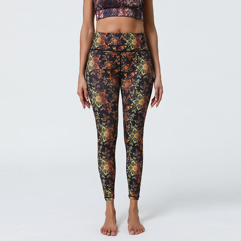 Buddha-Steine, Blumen, geometrische Mandalas, Druck, Sport, Fitness, Yoga, hohe Taille, Leggings für Damen