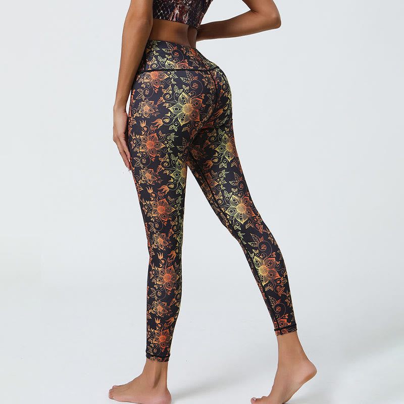 Buddha-Steine, Blumen, geometrische Mandalas, Druck, Sport, Fitness, Yoga, hohe Taille, Leggings für Damen