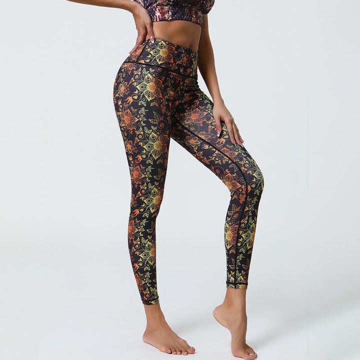 Buddha-Steine, Blumen, geometrische Mandalas, Druck, Sport, Fitness, Yoga, hohe Taille, Leggings für Damen