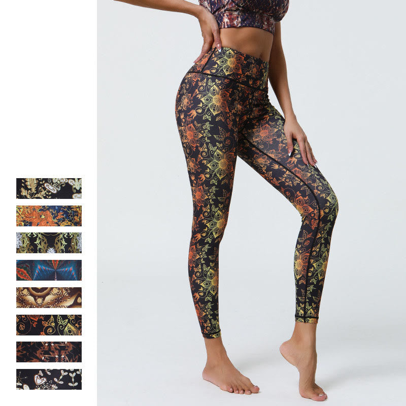 Buddha-Steine, Blumen, geometrische Mandalas, Druck, Sport, Fitness, Yoga, hohe Taille, Leggings für Damen