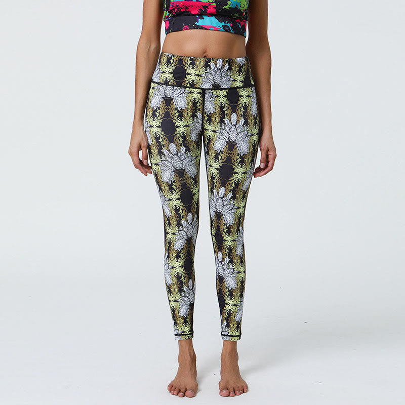 Buddha-Steine, Blumen, geometrische Mandalas, Druck, Sport, Fitness, Yoga, hohe Taille, Leggings für Damen - Gelb Grün Weiß Blumen - US12， UK/AU16，EU44 (XL) - image 17