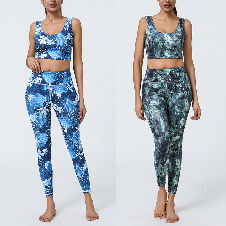 Buddha Stones 2-teilig Ananas-Grasblätter-Druck Sport Fitness Crop Tank BH Hohe Taille Leggings Yogahose