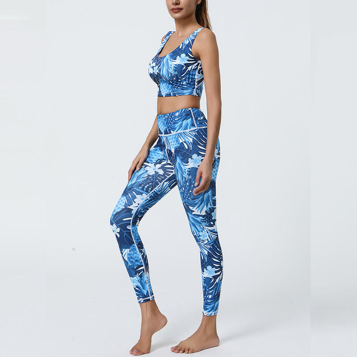 Buddha Stones 2-teilig Ananas-Grasblätter-Druck Sport Fitness Crop Tank BH Hohe Taille Leggings Yogahose