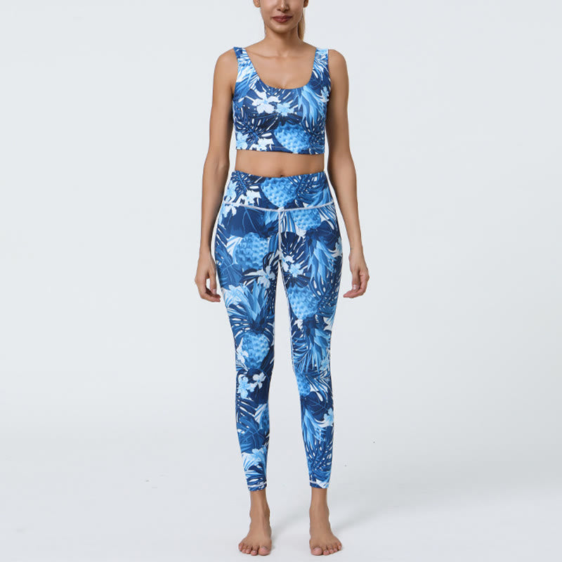 Buddha Stones 2-teilig Ananas-Grasblätter-Druck Sport Fitness Crop Tank BH Hohe Taille Leggings Yogahose