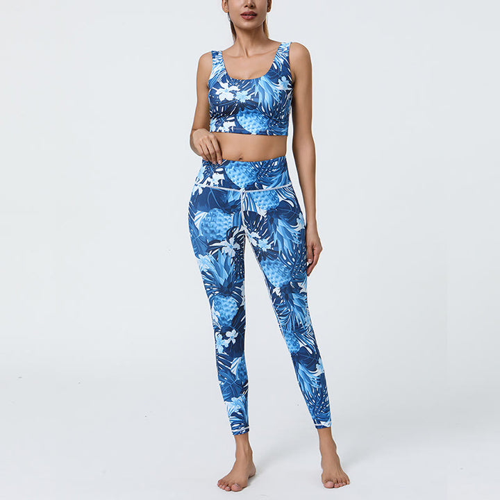 Buddha Stones 2-teilig Ananas-Grasblätter-Druck Sport Fitness Crop Tank BH Hohe Taille Leggings Yogahose