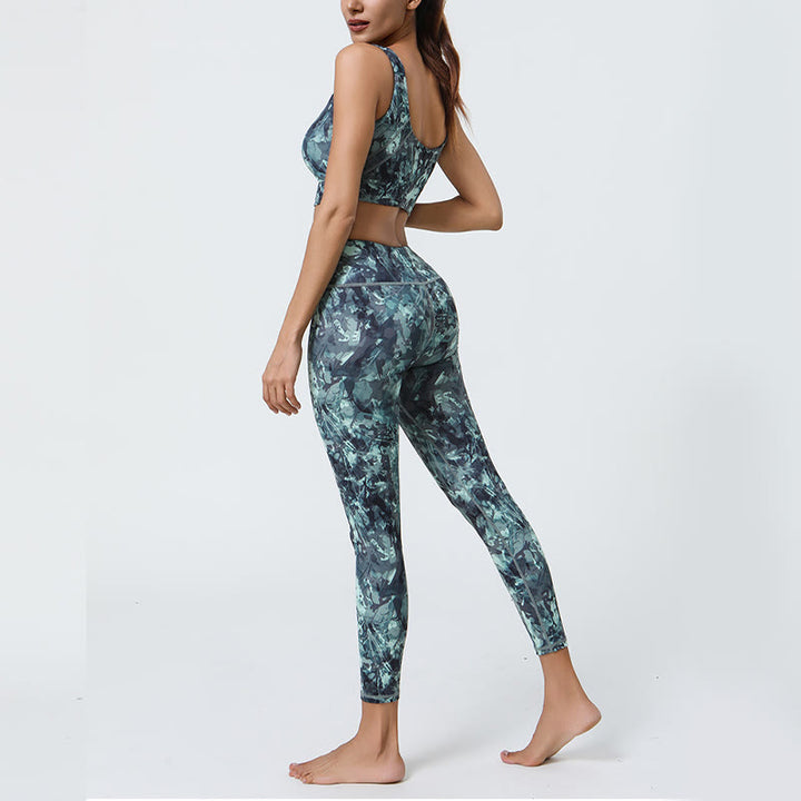 Buddha Stones 2-teilig Ananas-Grasblätter-Druck Sport Fitness Crop Tank BH Hohe Taille Leggings Yogahose