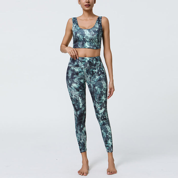 Buddha Stones 2-teilig Ananas-Grasblätter-Druck Sport Fitness Crop Tank BH Hohe Taille Leggings Yogahose