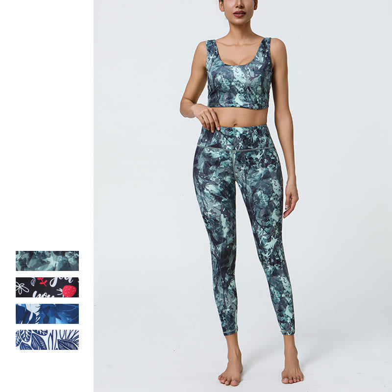 Buddha Stones 2-teilig Ananas-Grasblätter-Druck Sport Fitness Crop Tank BH Hohe Taille Leggings Yogahose