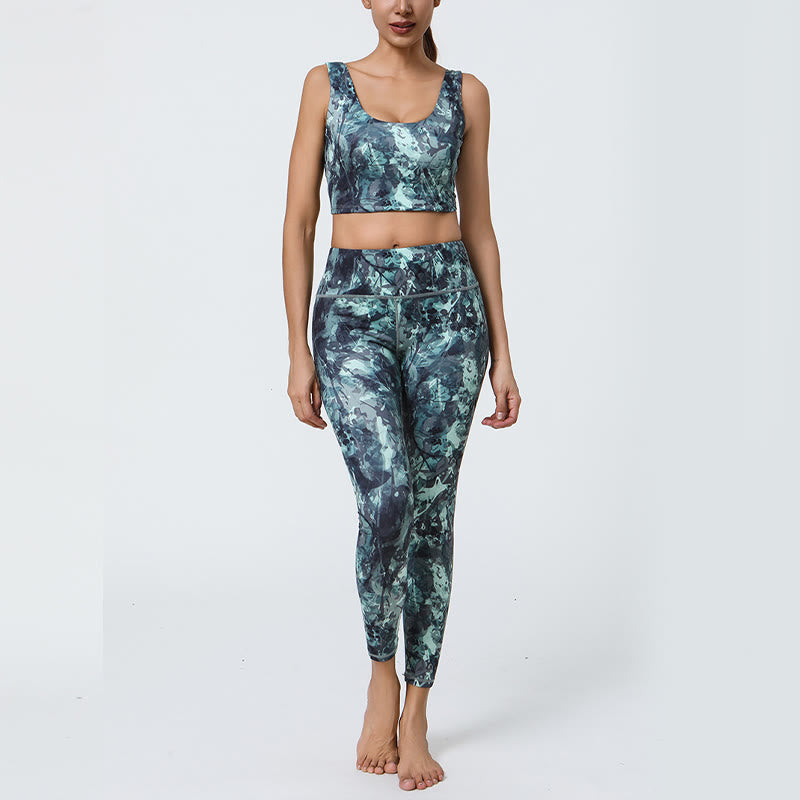 Buddha Stones 2-teilig Ananas-Grasblätter-Druck Sport Fitness Crop Tank BH Hohe Taille Leggings Yogahose