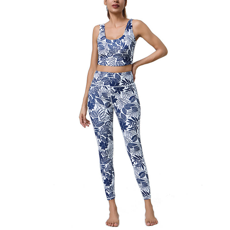 Buddha Stones 2-teilig Ananas-Grasblätter-Druck Sport Fitness Crop Tank BH Hohe Taille Leggings Yogahose