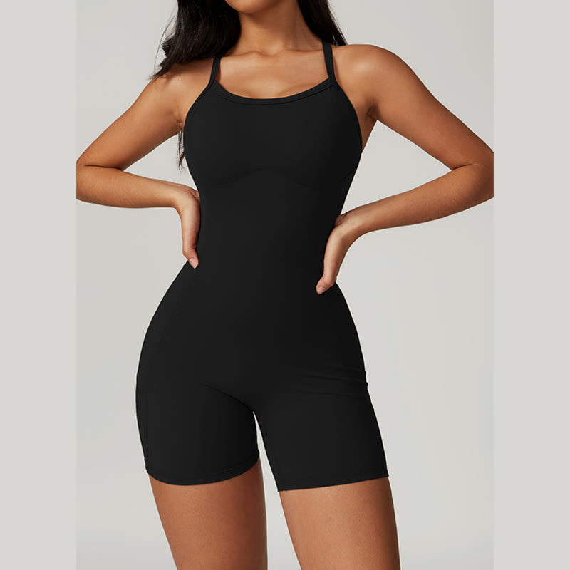 Buddha Stones Rückenfreier Jumpsuit mit überkreuzten Trägern, Sport-Fitness-Yoga-Bodysuit für Damen mit Taschen