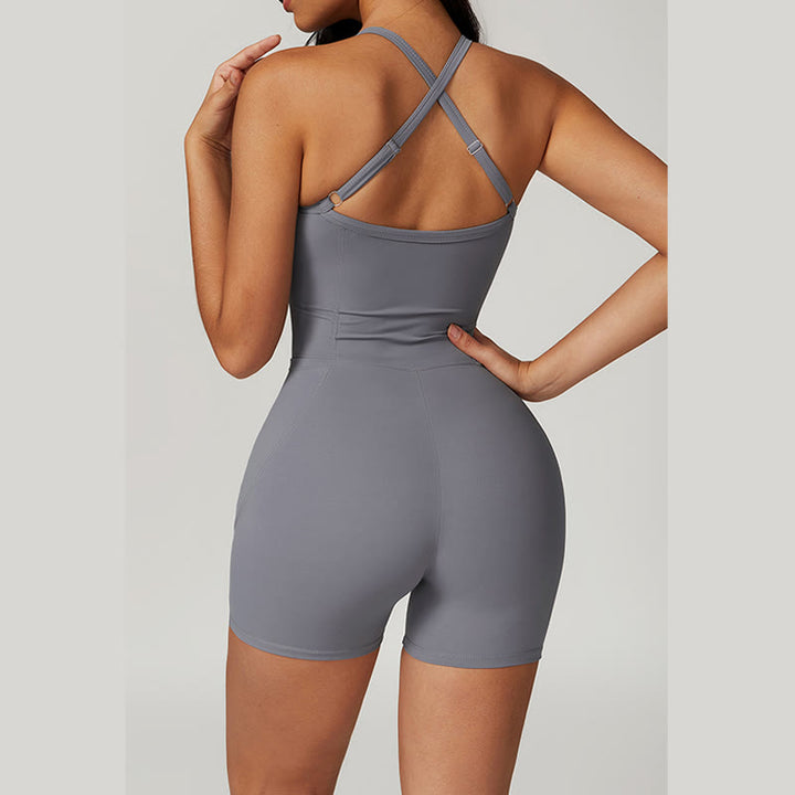 Buddha Stones Rückenfreier Jumpsuit mit überkreuzten Trägern, Sport-Fitness-Yoga-Bodysuit für Damen mit Taschen