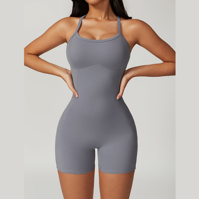 Buddha Stones Rückenfreier Jumpsuit mit überkreuzten Trägern, Sport-Fitness-Yoga-Bodysuit für Damen mit Taschen