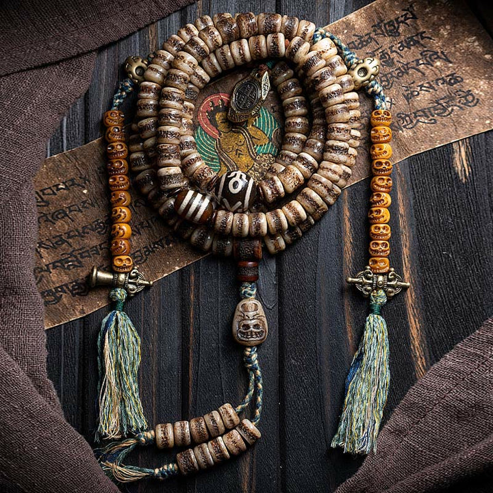 Buddha Stones Tibetische 108 Mala-Perlen aus Yak-Knochen, Dzi-Perle „Der Herr des Leichenwaldes“, Stärke-Armband