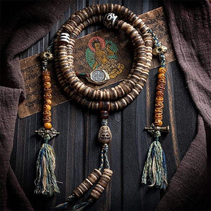 Buddha Stones Tibetische 108 Mala-Perlen aus Yak-Knochen, Dzi-Perle „Der Herr des Leichenwaldes“, Stärke-Armband