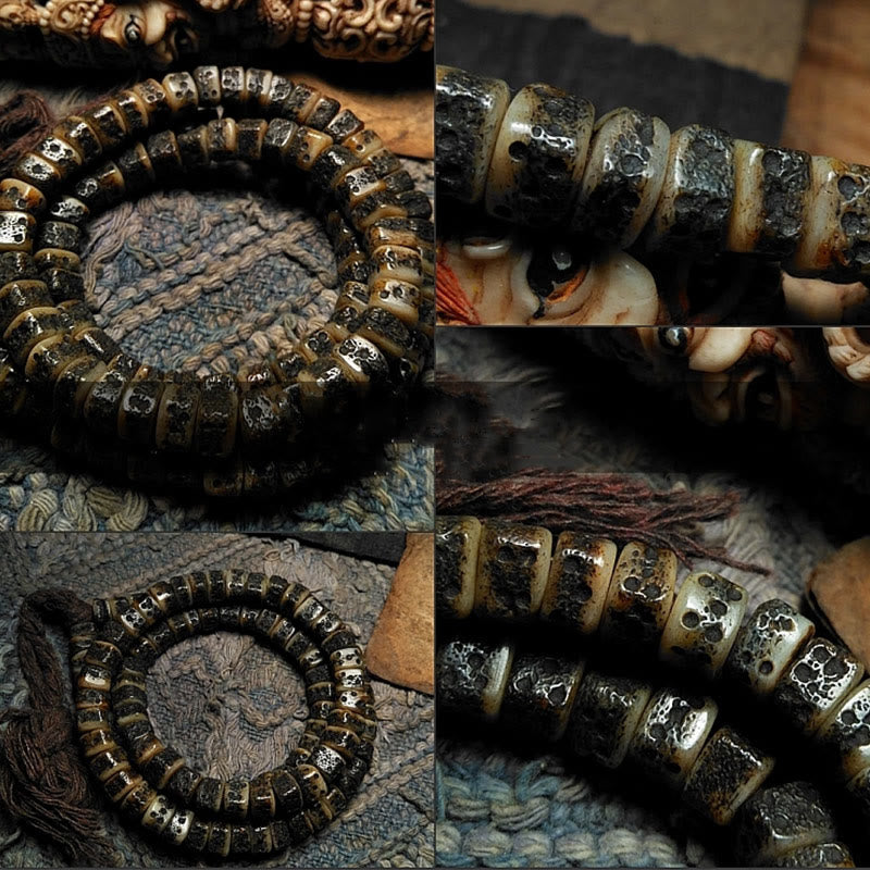 Buddha Stones Tibetische 108 Mala-Perlen aus Yak-Knochen, Dzi-Perle „Der Herr des Leichenwaldes“, Stärke-Armband