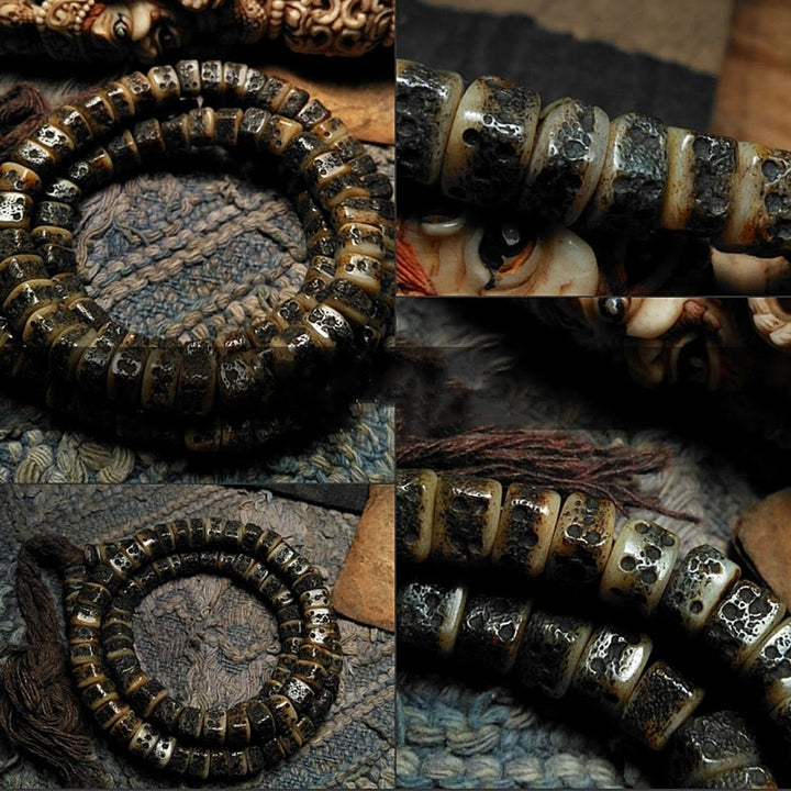 Buddha Stones Tibetische 108 Mala-Perlen aus Yak-Knochen, Dzi-Perle „Der Herr des Leichenwaldes“, Stärke-Armband