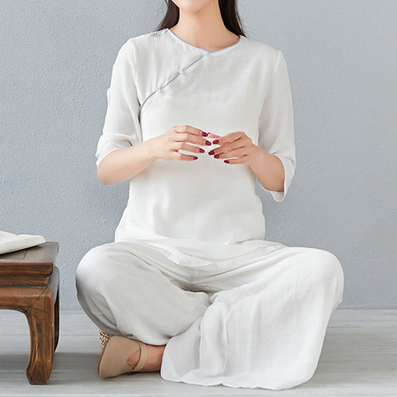Buddha Stones 2-teiliges Set mit Dreiviertelärmeln, Langarmhemd und Hose mit weitem Bein, Meditationskleidung aus Baumwolle und Leinen für Damen - Weiß - Dreiviertelärmel - US 8-10, UK/AU 12-14, EU 40-42 (3XL) - image 7